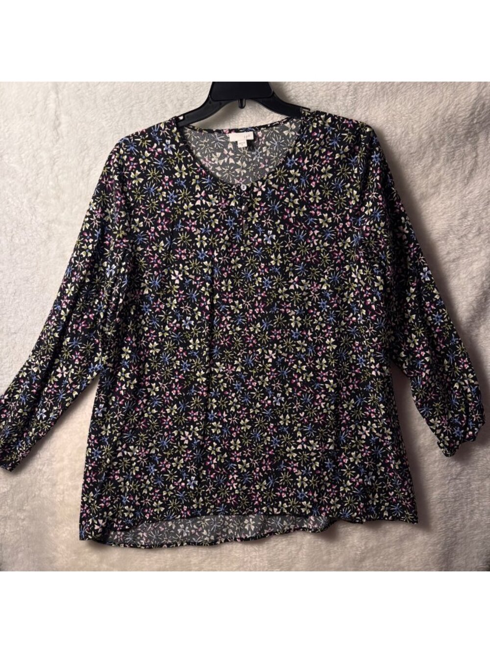 J. Jill Womens XL Floral Print Top Black Multicolor Casual Lightweight v-neck